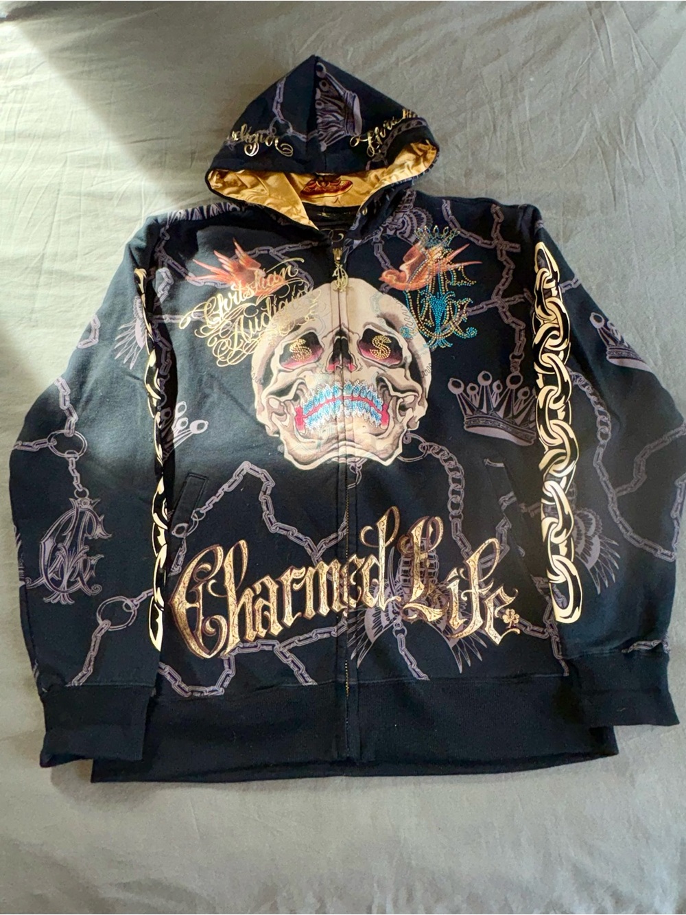 Christian Audigier Ed Hardy Y2K Large Black and Gold Hoodie with Skull Graphic
